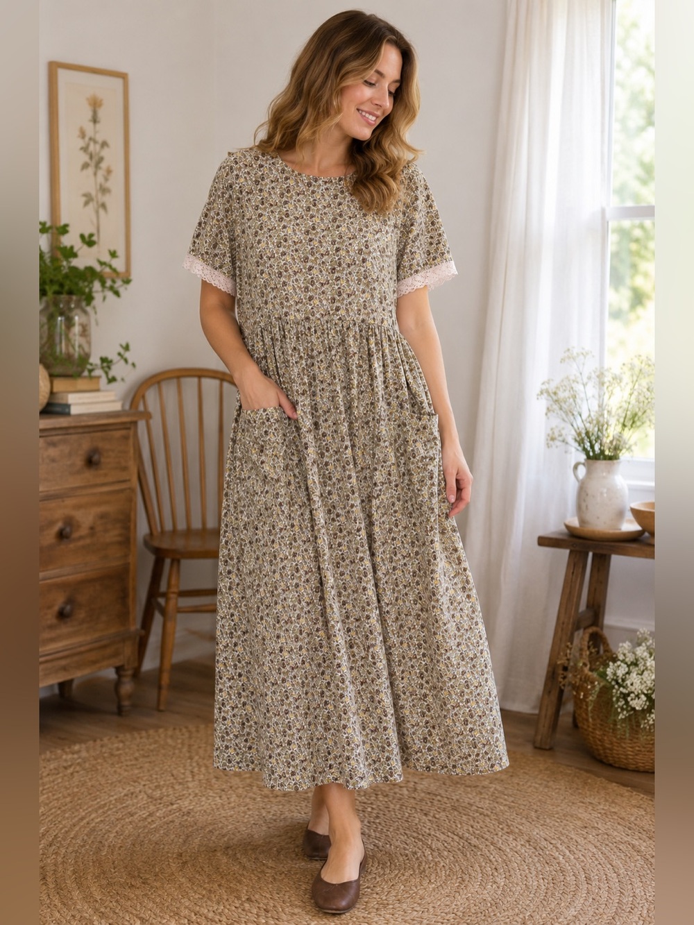 Vintage White Stag Floral Prairie Dress L 12/14 Cottagecore Pockets Lace Maxi